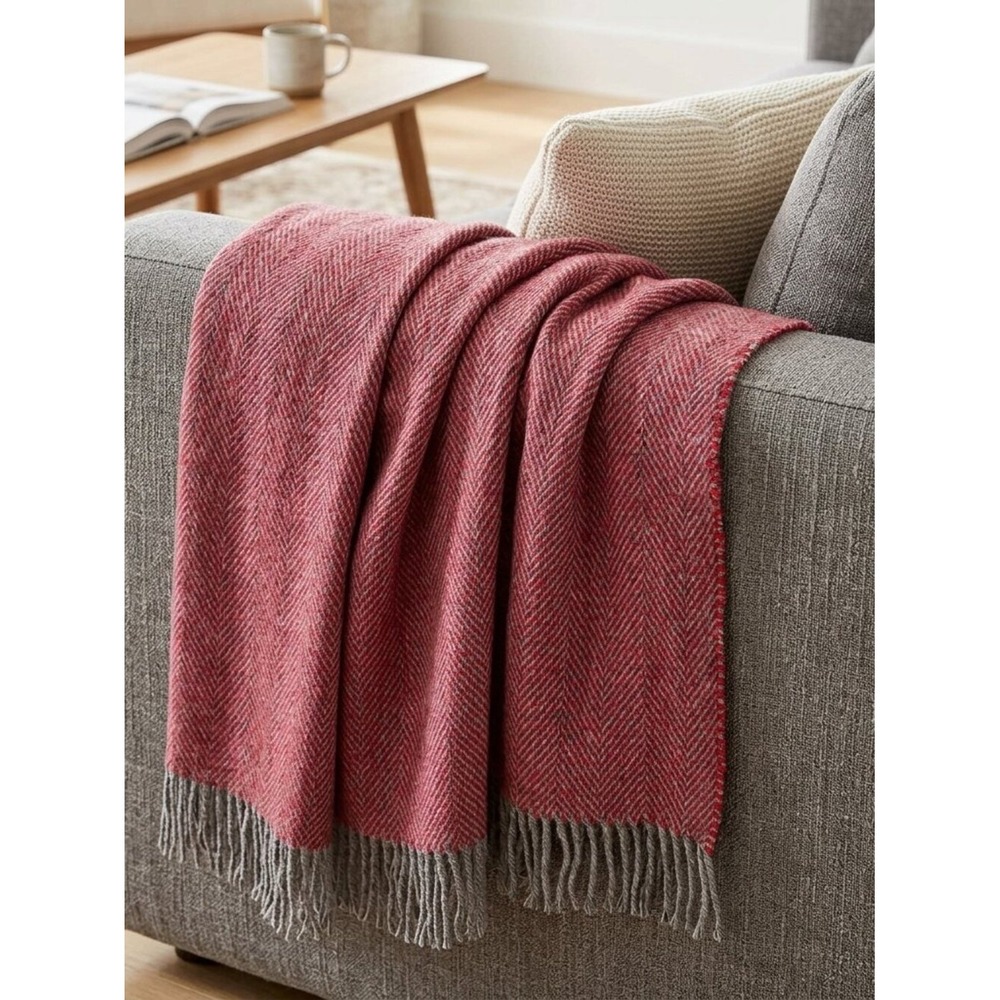 Woolmark Pure New Wool‎ Herringbone Throw Blanket Red Grey Fringe Made in Italy